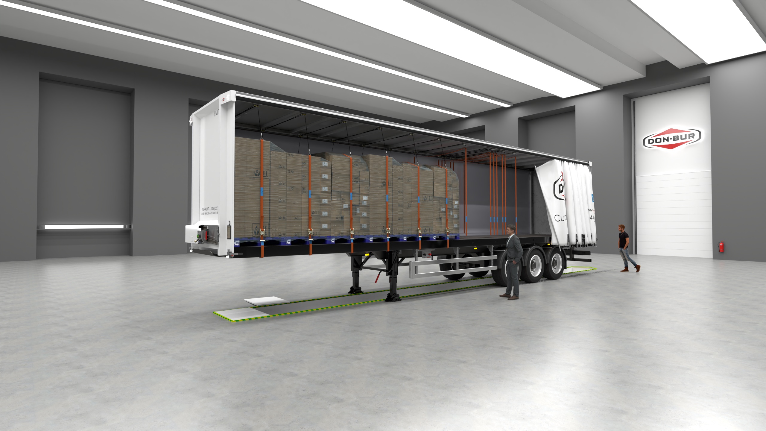 New curtainsider trailer in a showroom