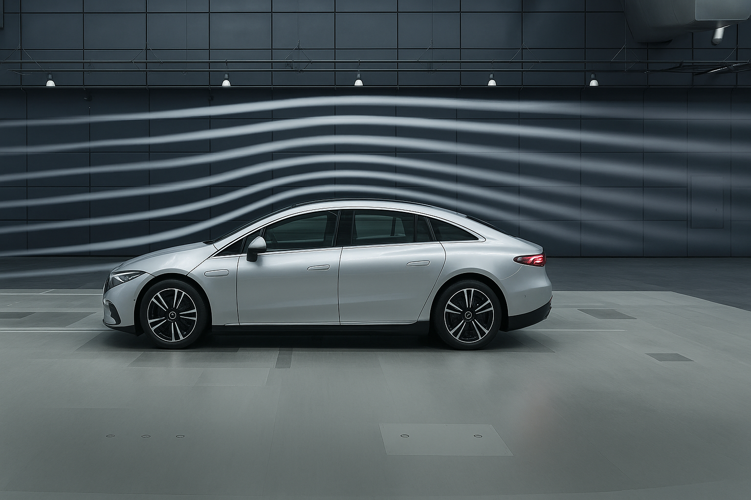 Mercedes EQS in wind tunnel *ai